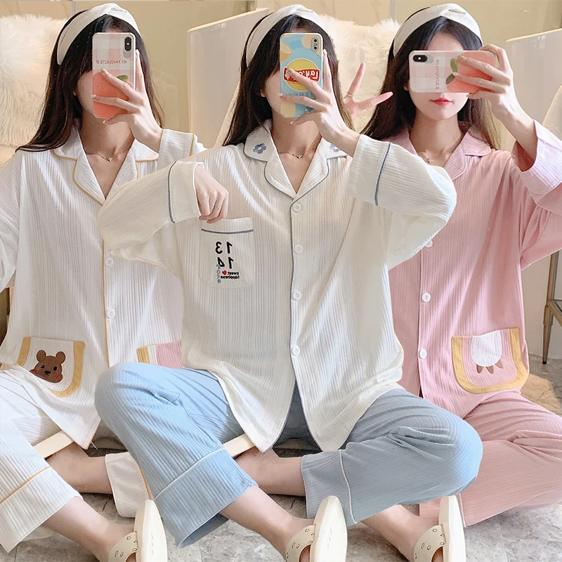

2022 Spring Autumn Long Sleeve Cotton Pajama Sets for Women Korean Cute Sleepwear Suit Pyjama Homewear Pijama Mujer Home Clothes