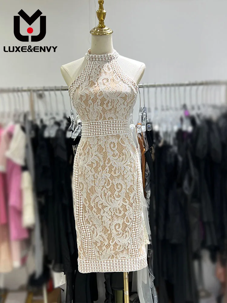 

LUXE&ENVY 2023 Summer New Regular Vintage Light Mature Lace Slim Fit Round Neck Sleeveless Dress Women 2023