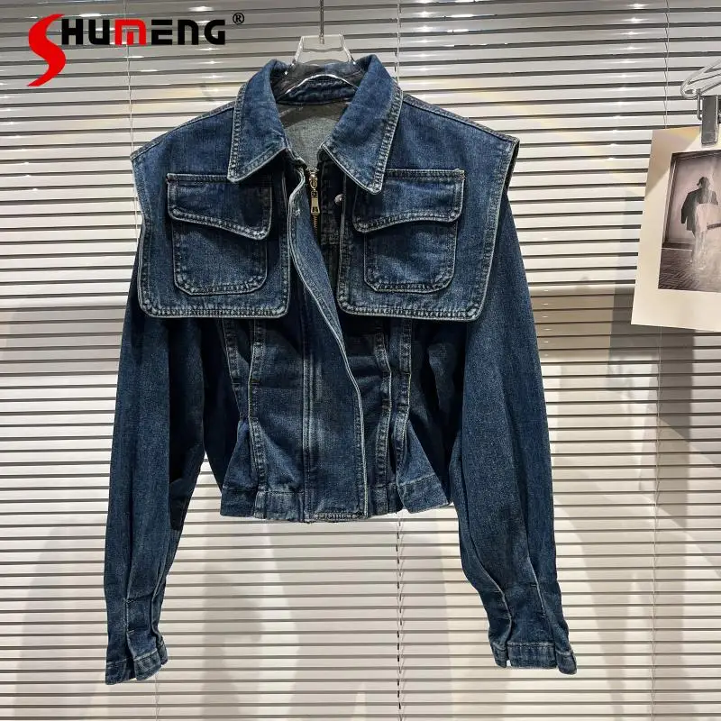 2022 Spring New Ladies Streetwear Classic Style Double-Pocket Denim Jacket Women's Fashion Simple Solid Color Short Jeans Coat