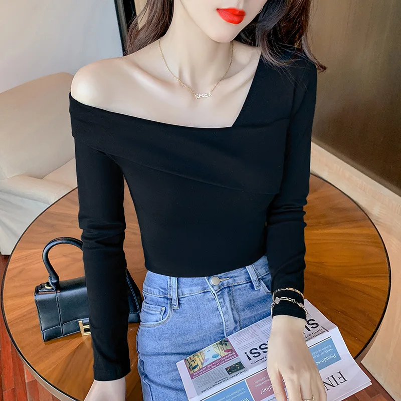 

Women Sexy Tops Female Ins Fashion Tshirts Off-shoulder Base Shirt Spring Slim Long-sleeved Skinney Elastic Blouses