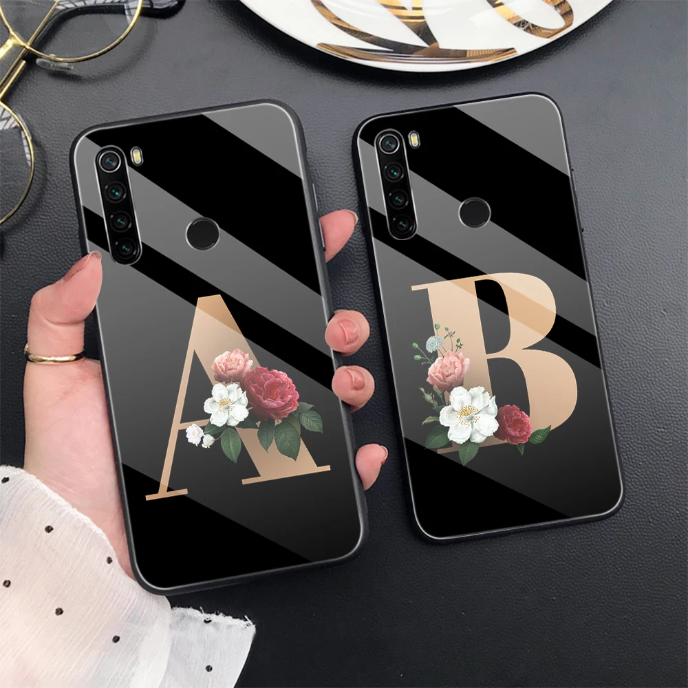 

Tempered Glass Case for Xiaomi Redmi Note 10 Pro Max 10T 11 4G 9 9T 8 7 Back Cover for Redmi 9A 9C NFC 9i Letter A-M Flower Capa