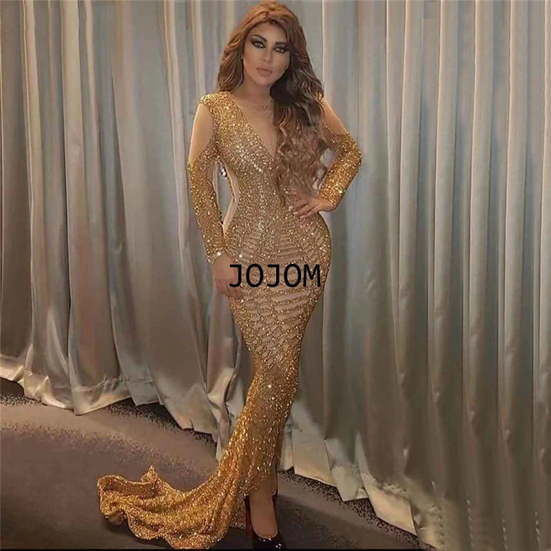 

Dubai Gold V-Neck Sexy Mermaid Dress 2022 Women Sequins Beading Long Sleeves Luxury Formal Dress Evening Party Dresses for Women