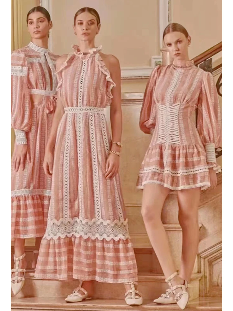 

Delocah High Quality Summer Women Fashion Runway Long Dress Sleeveless Ruffles Elegant Loose Hollow Out Lace Big Swing Dresses