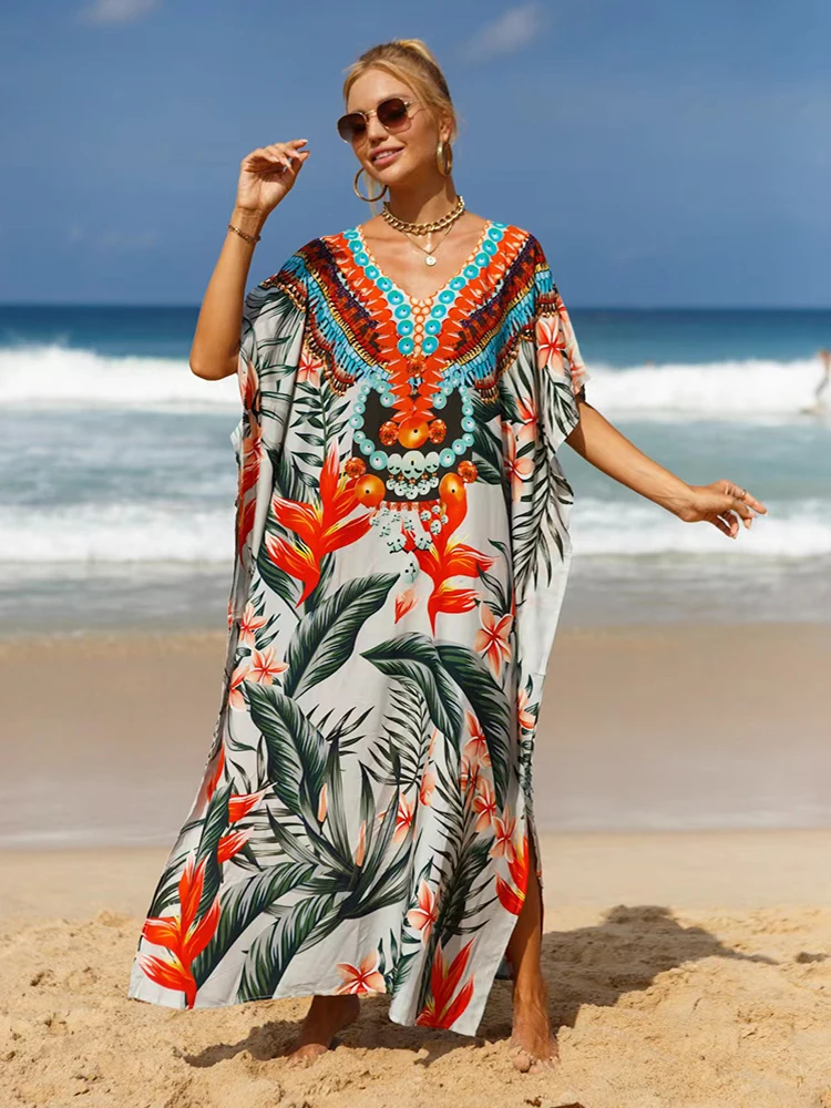 

Kaftan Dress for Women Floral Print Boho Maxi Dress 2023 Robe Swimsuit Cover Up Over Size Loungewear Pareos Dress Beachwear