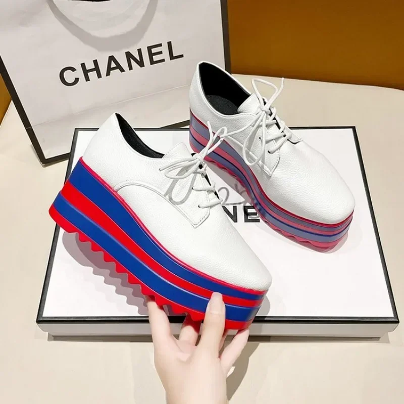 Женские мокасины на плоской подошве туфли-лоферы платформе со шнуровкой большой