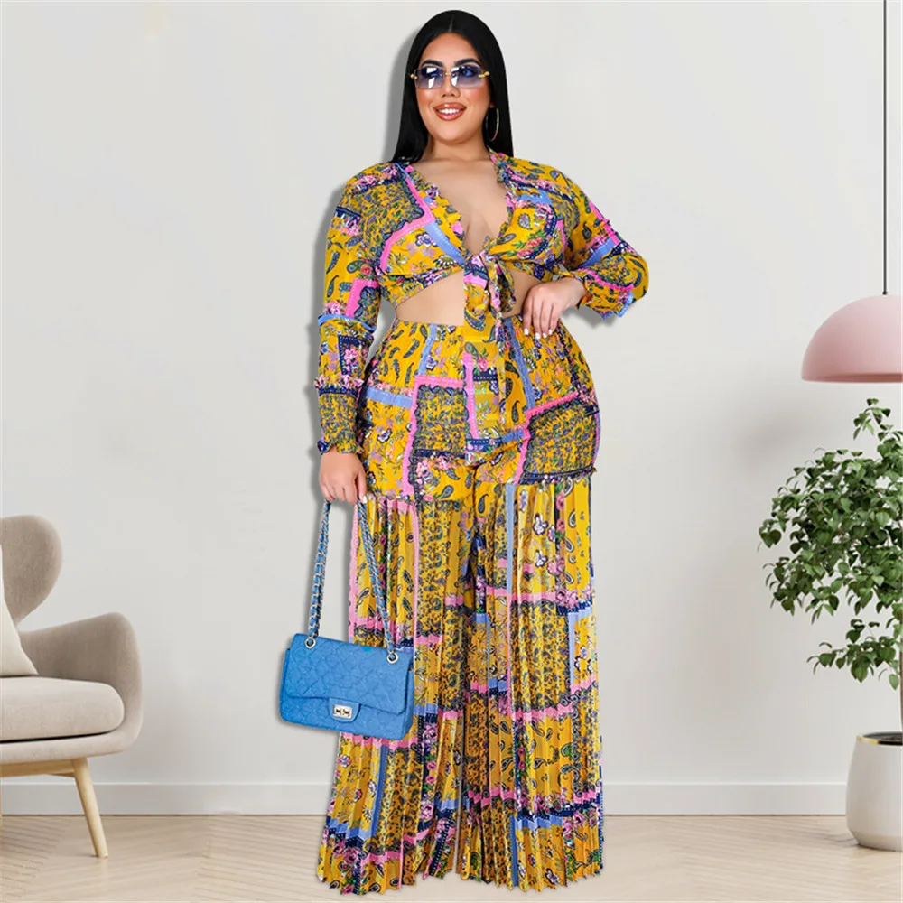 

Fashion Plus Size Suit 2022 Spring Autumn New Style Two-piece Sexy Belly Button Printed Suit Party Female Clothing Long Sleeve