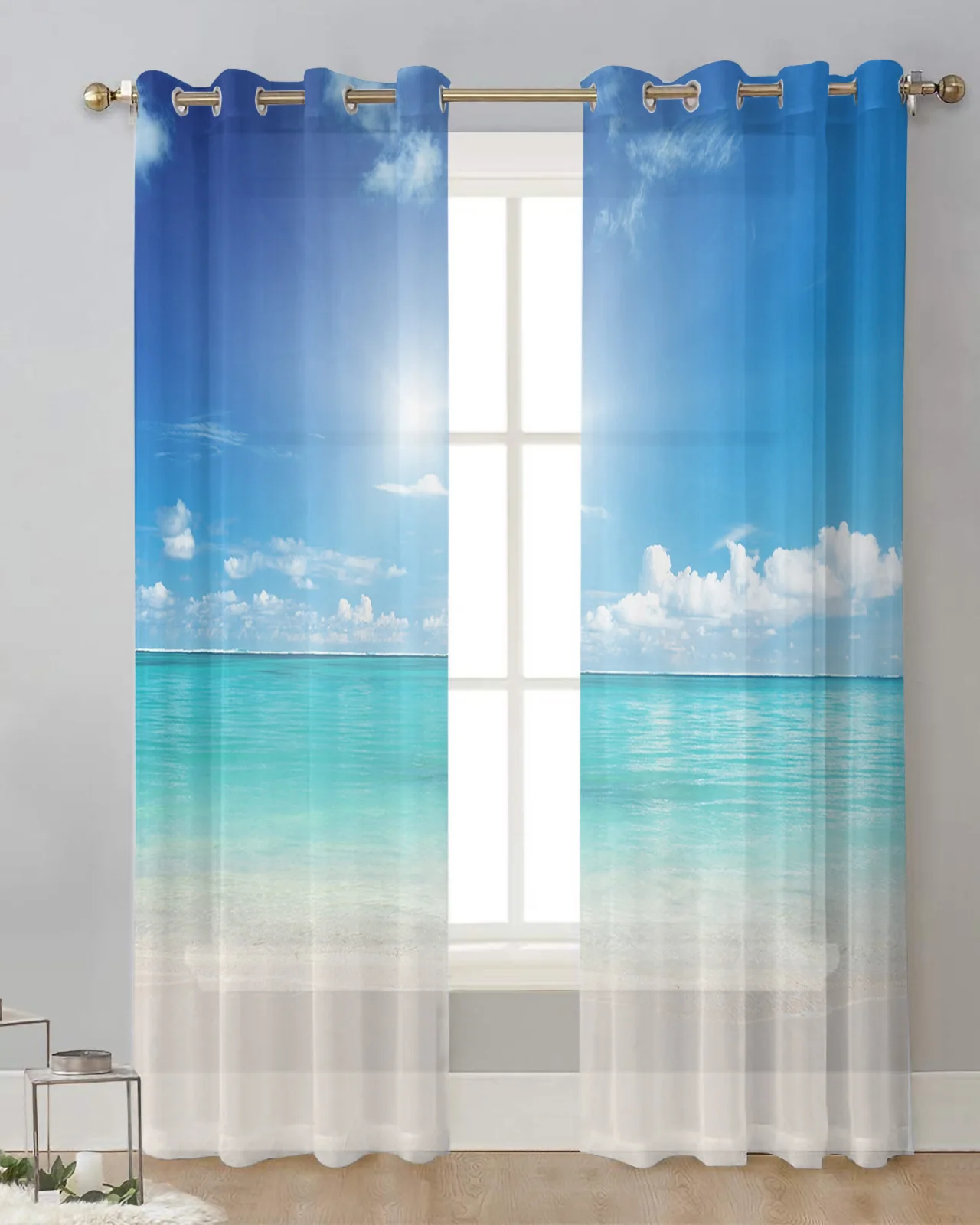 Blue Seaside Beach Clouds Tulle Curtain for Living Room Bedroom Transparent Sheer Curtains Window Treatment Drapes