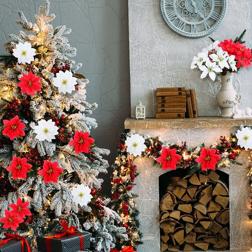 

6 Pieces Of Christmas Faux Flowers 7 Heads Christmas Artificial Poinsettia Flowers Faux Poinsettia Bush Bouquets
