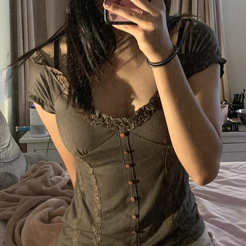 

Women Vintage Lace Trim Slim T Shirt Square Neck Fairy Grunge Short Sleeve Crop Top Elegant Shirts Streetwear