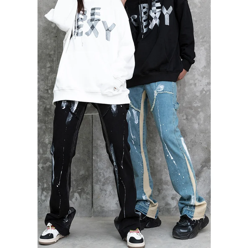 Streetwear Men 2022 New Speckle Graffiti Splicing Casual Jeans Personality Sense of Design Drawstring Trousers Autumn Female