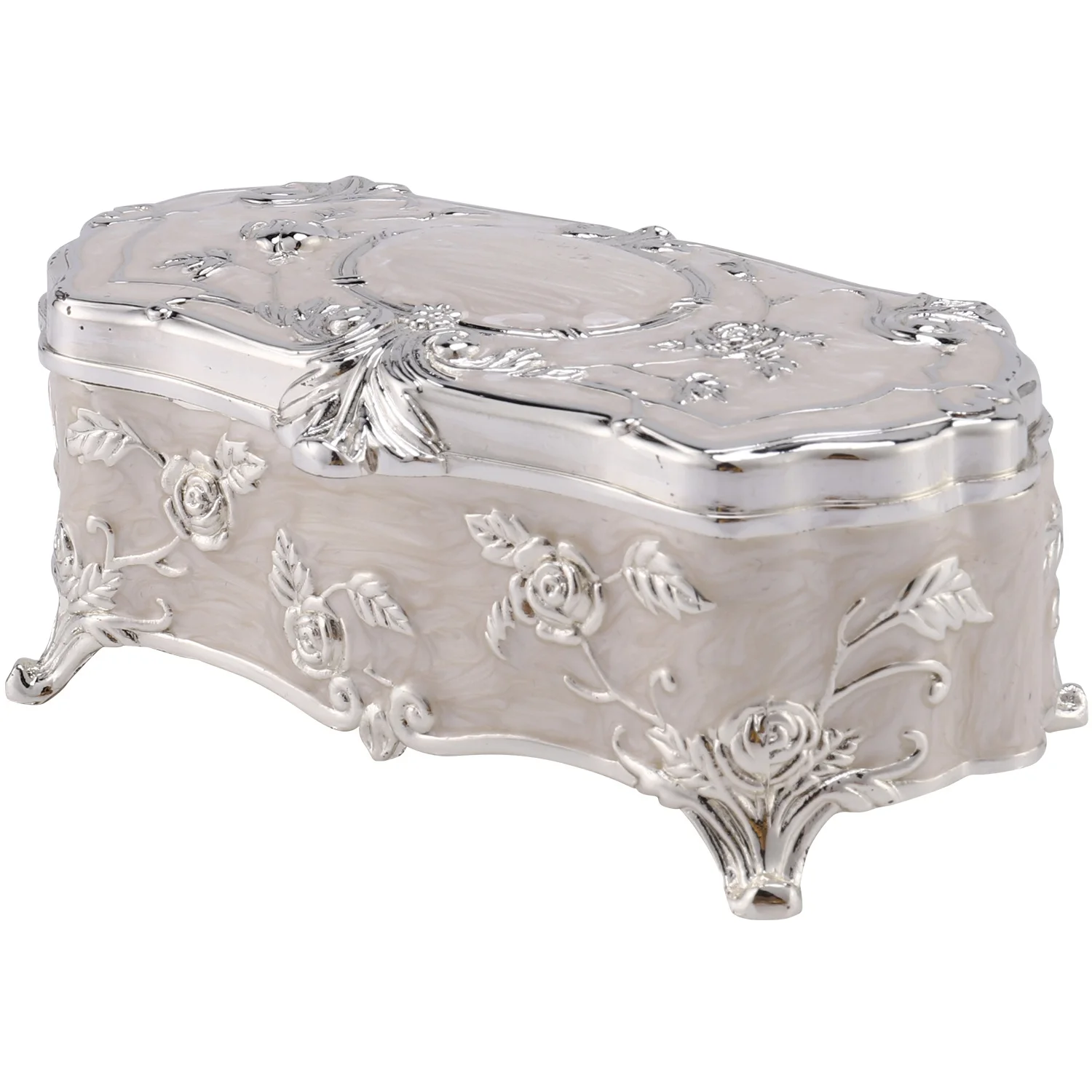 

Vintage Jewellery Case Fashion Jewelry Box White Enamel Zinc-Alloy Metal Trinket Box Flower Carved Toothpick Storage