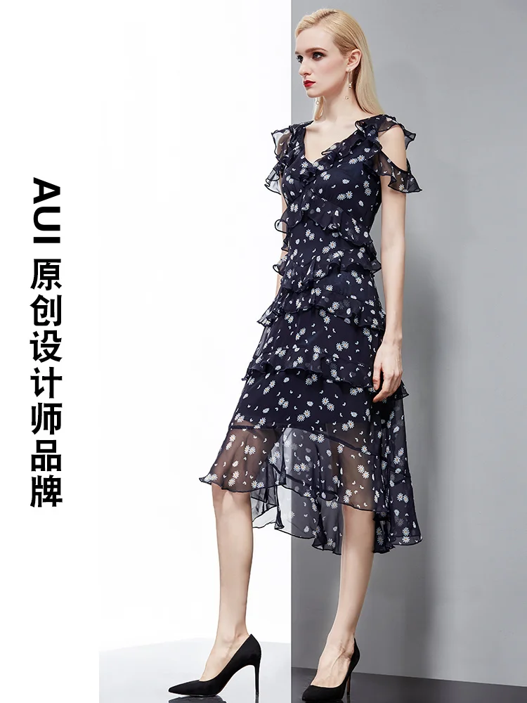 

Французское асимметричное платье с оборками и маленькой маргариткой, женская летняя шифоновая юбка в новом стиле Kikyo, 2023