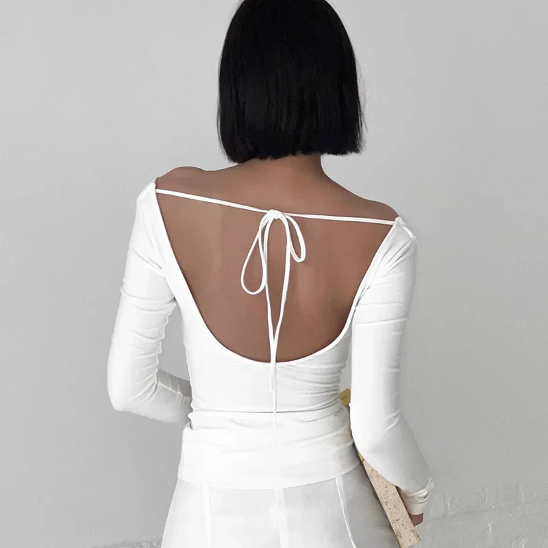 Женский однотонный топ с открытой спиной элегантная пикантная футболка длинным