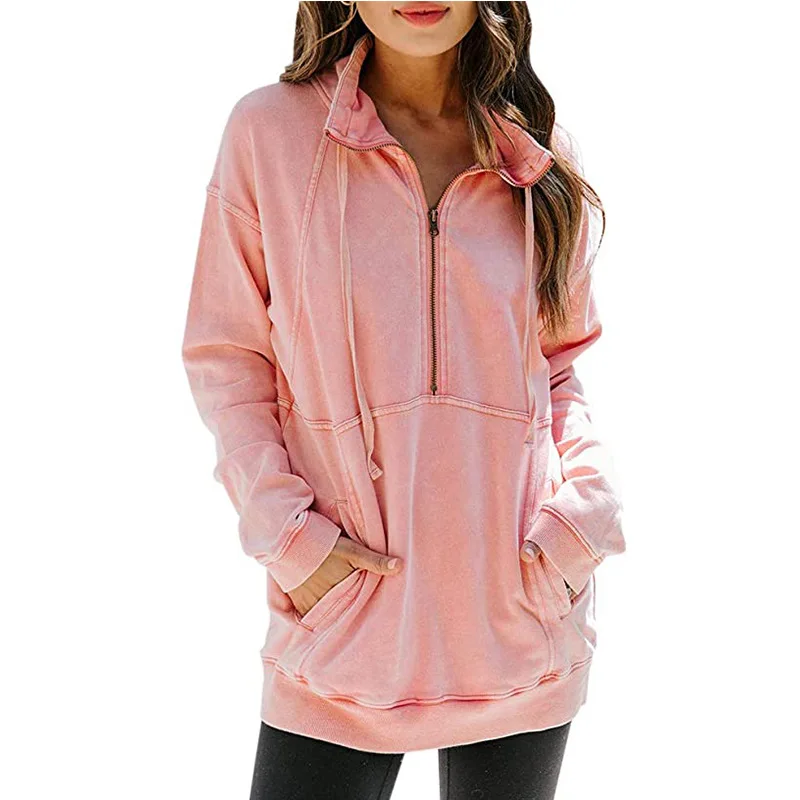 

Fashion 2022 European and American Women's Clothing Hot Sale Kangaroo Pocket Half Zipper Long Sleeve Solid Color Casual Sweater