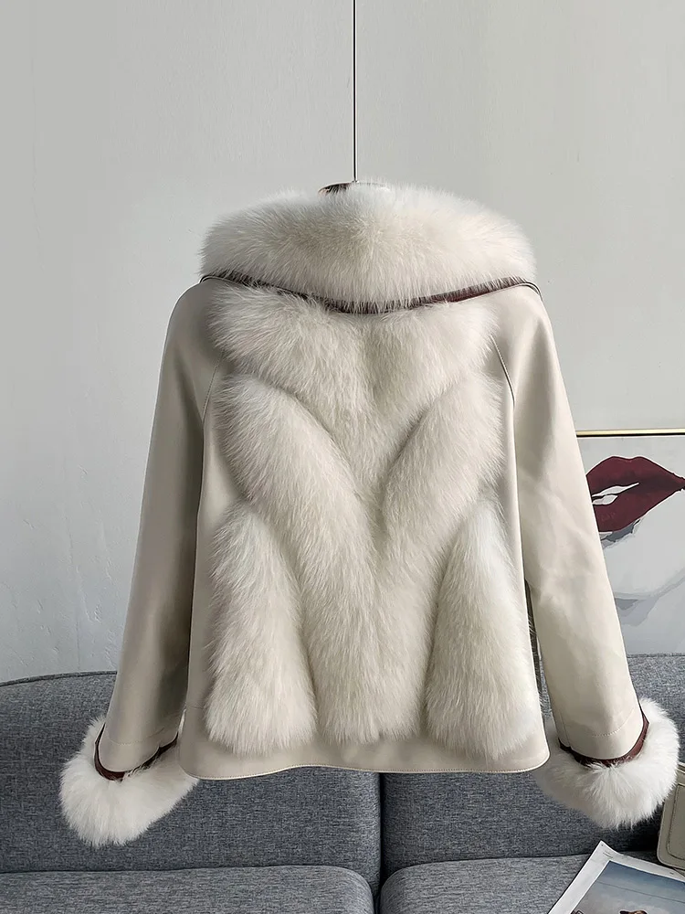 Whole Leather Fox Fur Fur Coat Women's Short Haining New Motorcycle Sheepskin down Jacket Coat
