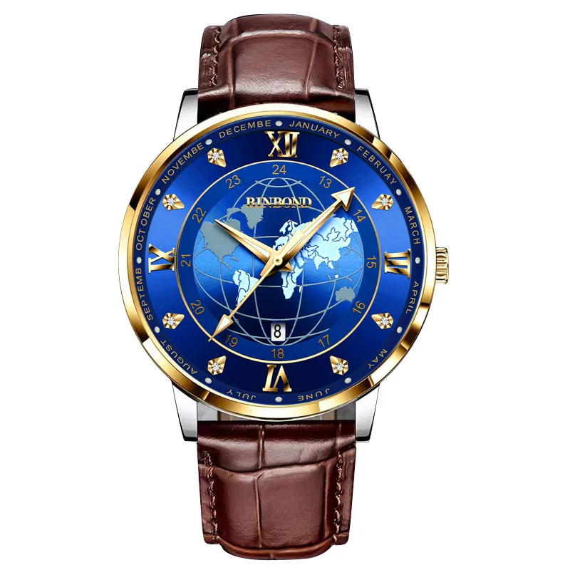 

Часы BINBOND B0117 Мужские кварцевые с синим циферблатом и кожаным ремешком