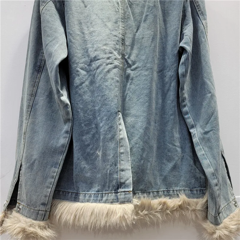 WTHT модное новое женское свободное джинсовое пальто с плюшевым краем осень 2024