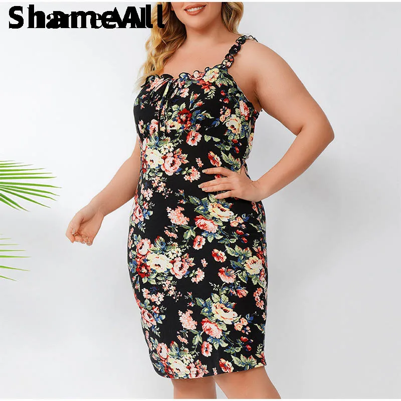 

Plus Size Ruffle Trim Strap Sleeveless Floral Print Mini Dress 4XL Summer Sling Backless Boho Elegant Women Short Dress Vestidos