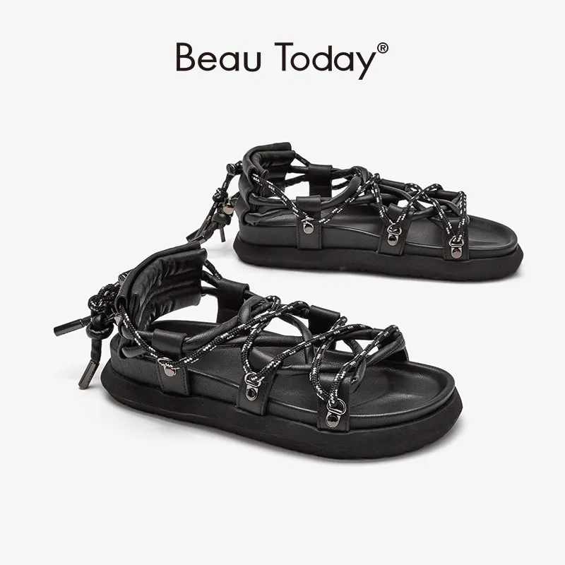

BeauToday Gladiator Sandals Women Genuine Cow Leather Cross-Tied Ankle Strap Summer Beach Flat Female Shoes Handmade 32342