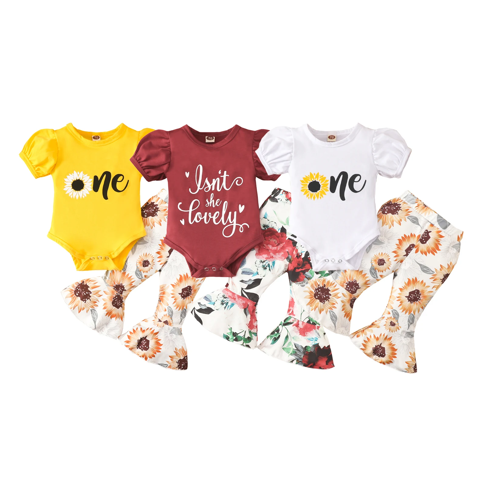 

Fashion Infant Baby Girls 2Pcs Summer Outfits Puff Short Sleeve Sunflower Letter Print Romper with Flare Pants Set