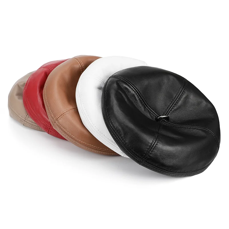 

Genuine YY2051 British Retro Women Leather Round Cap Beret Hats Female Japanese Brimless White/Red Bud Painter Caps Mujer Bonnet