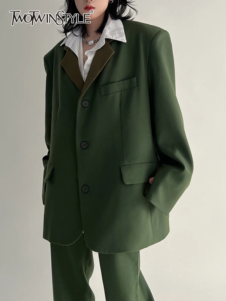 

Женский однотонный Блейзер TWOTWINSTYLE, свободный однобортный Блейзер составного кроя с английским воротником и длинными рукавами,
