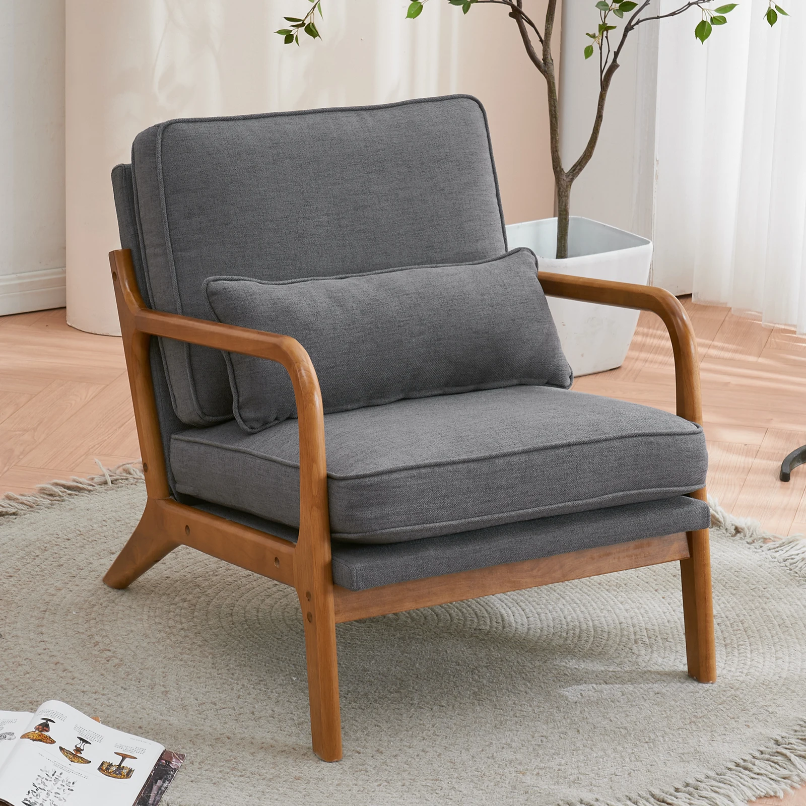 

Oak Armrest Living Room Sofas Office Padded Single Lounge Chair Indoor Wood Fabric Lounge Chair Dark Grey