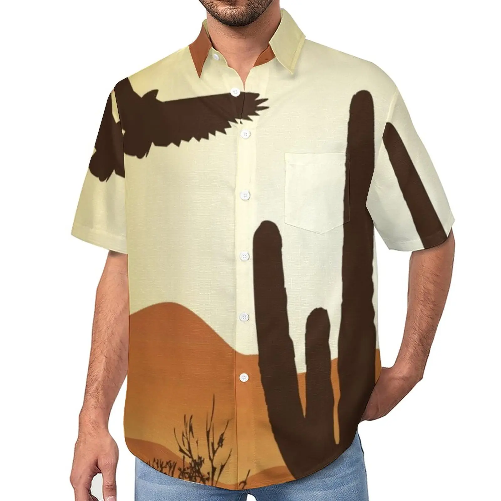 

Sunset Western Desert Casual Shirts Cactus and Eagle Vacation Shirt Summer Novelty Blouses Men Printed Plus Size