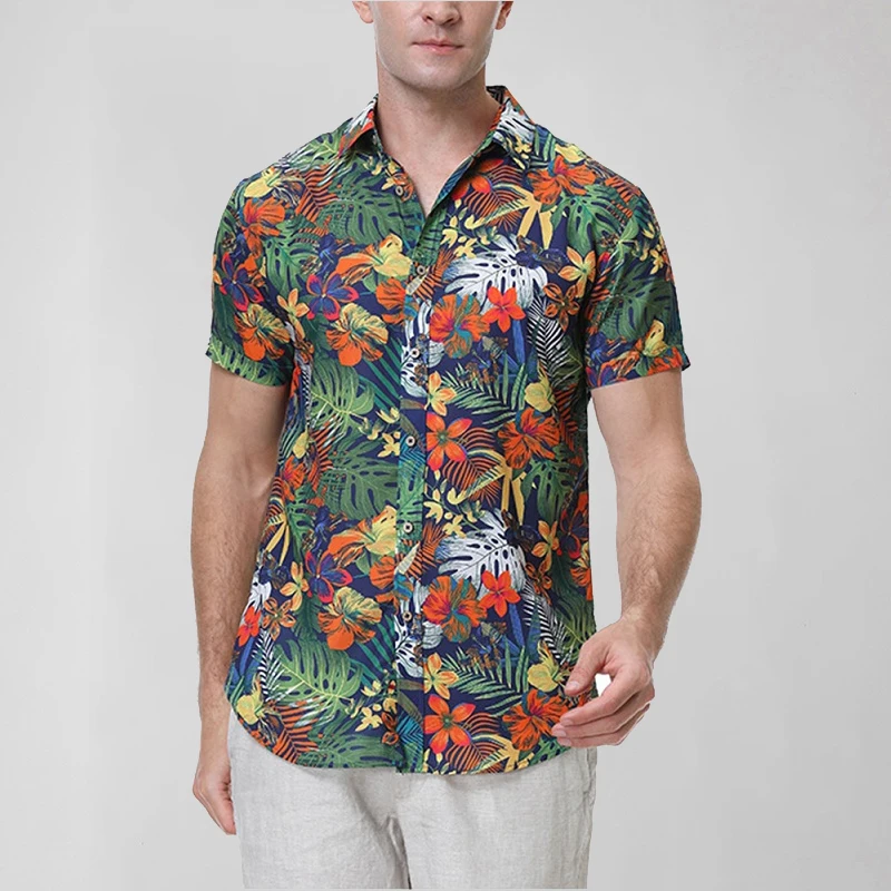 EUOW 2023 Men Clothing Men Summer Shirts Fashion Beach Printed Button Down Aloha Collared Hawaiian Shirt Breathable Casual Wear