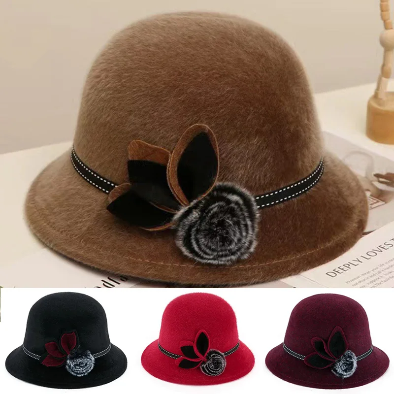 

Ladies Wide Brim Round Dome Sunscreen Windproof Woolen Hat Women Autumn Winter Solid Color Elegant Bowknot Decor Felt Hat