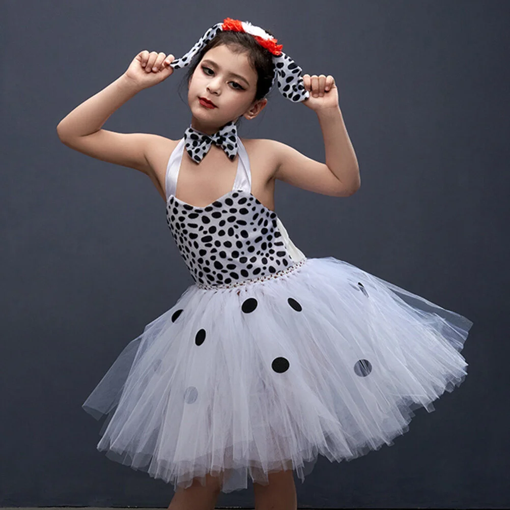 

Clothes Teenage Girls Headband Spotted Dress Dog Ears Toddler Outfit Birthday Polyester Mesh Neck Tie Child