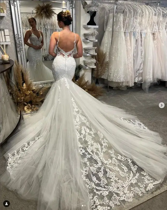 Lace Tulle Beach Mermaid Wedding Dresses Straps Applique Floral Backless Bridal Gowns Vestido de novia para civil sencillo