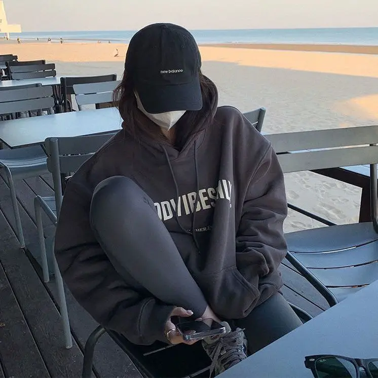 2023 New Casual Fashion Hip-hop Oversized Loose Top Autumn Women's Retro Gray Street Hoodie Letter Print Long Sleeve Sweatshirt