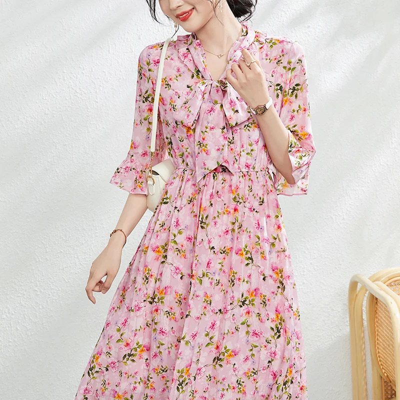 2023 Summer New Mulberry Silk Dress Women's Ruffled Sleeves Show Thin Silkworm French Dress summer  23E014
