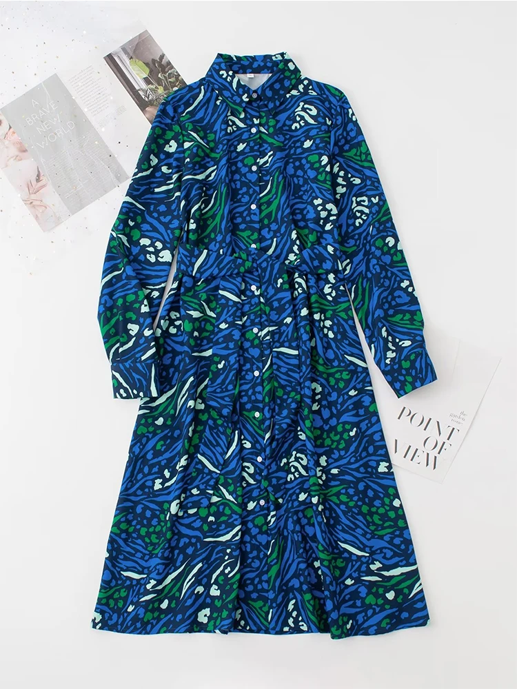 

YENKYE Women Blue Floral Print Midi Shirt Dress With Belt Vintage Long Sleeve Female Dresses