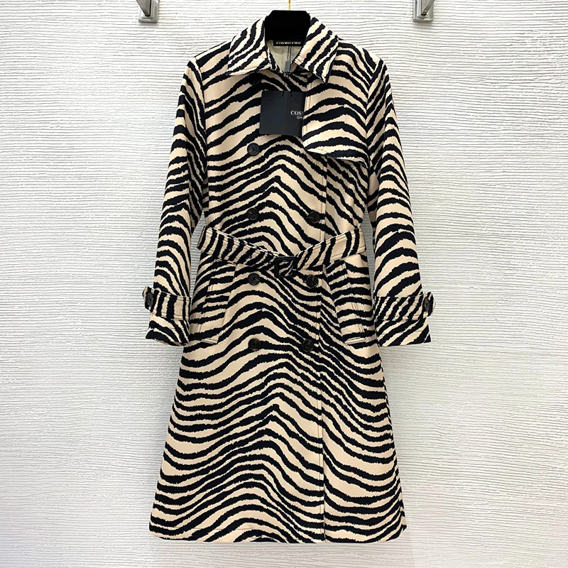 

Женская винтажная ветровка с принтом зебры, длинная двубортная куртка с поясом, верхняя одежда, осень 22