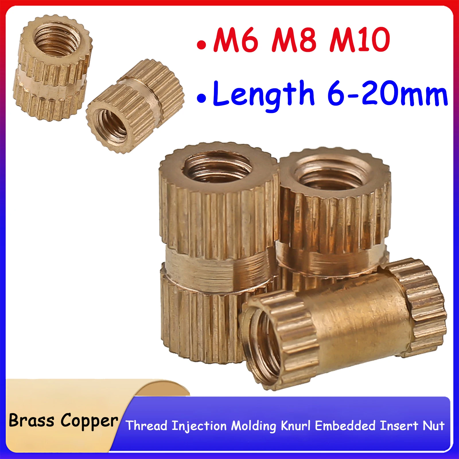 

Brass Copper Injection Embedment Nut Hot Melt Insert Knurled Nut Thread Heat Molding M6 M8 M10*L=6-20mm