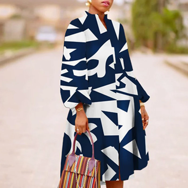 

New Women Casual Printed Women Dress Elegant Office Long Sleeves V Neck Irregular Dresses Female Party Fashion Dress