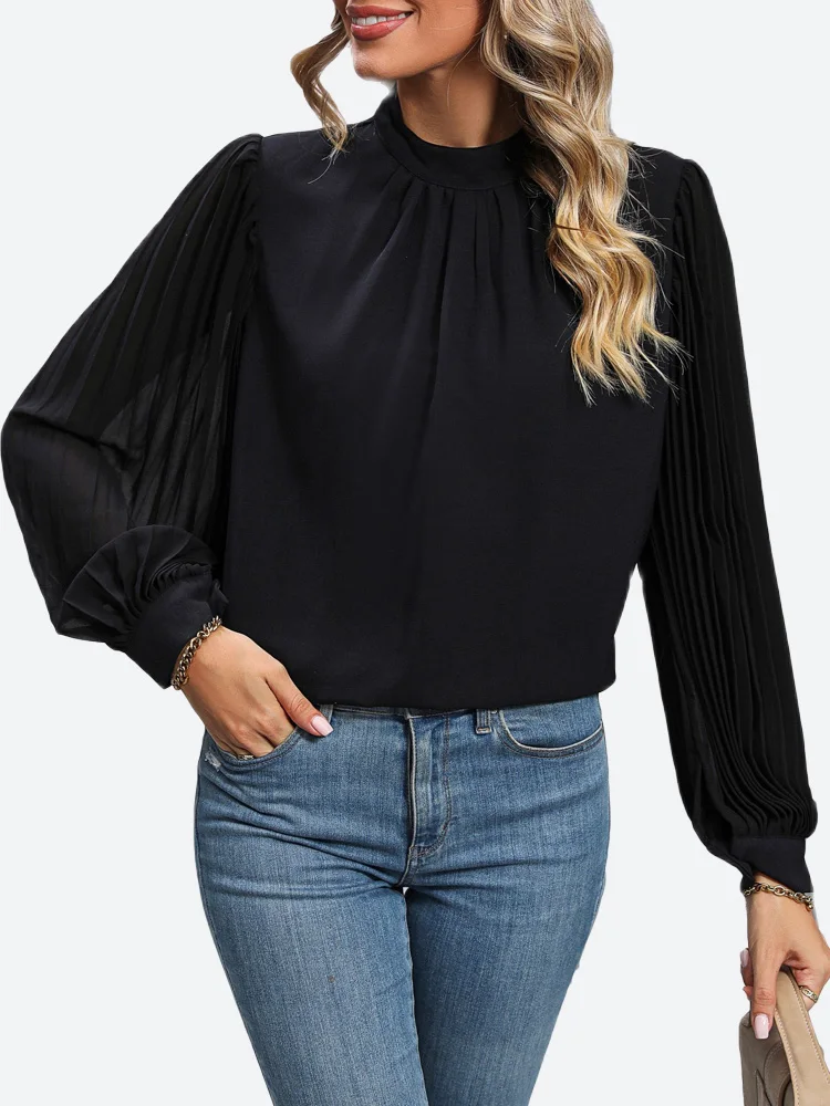 

Benuynffy Mock Neck Keyhole Back Loose Blouses and Shirts Black Elegant Office Lady Lantern Long Sleeve Tops for Women 2023