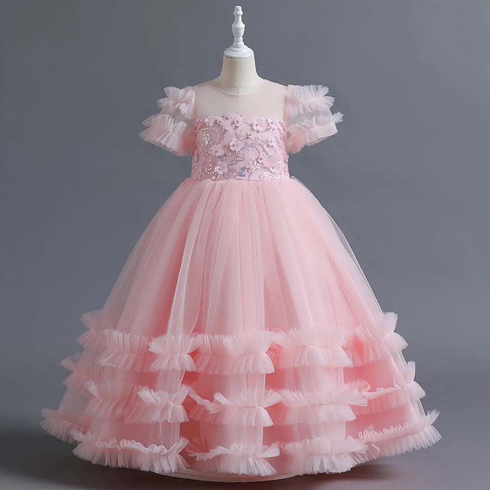 

Flower Girls Party Wedding Costume Tulle Ruffle Long Dress Luxury Prom Dresses Princess Birthday Ball Gown Ceremony Vestidos