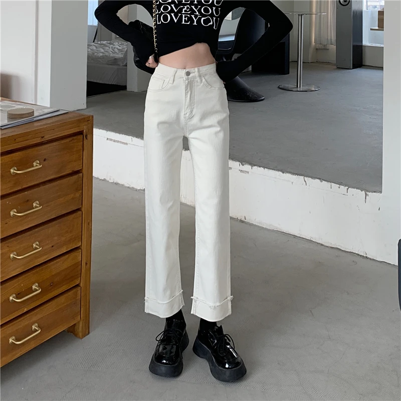

DD1396 New fashion all-match high-waisted thin curly all-match wide-leg trousers jeans