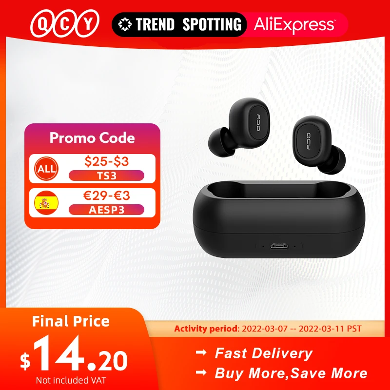 

QCY T1C QS1 Bluetooth 5.0 Earphone Wireless 3D Stereo TWS Headphone with Dual Microphone Headset HD Call Earbuds Customizing APP