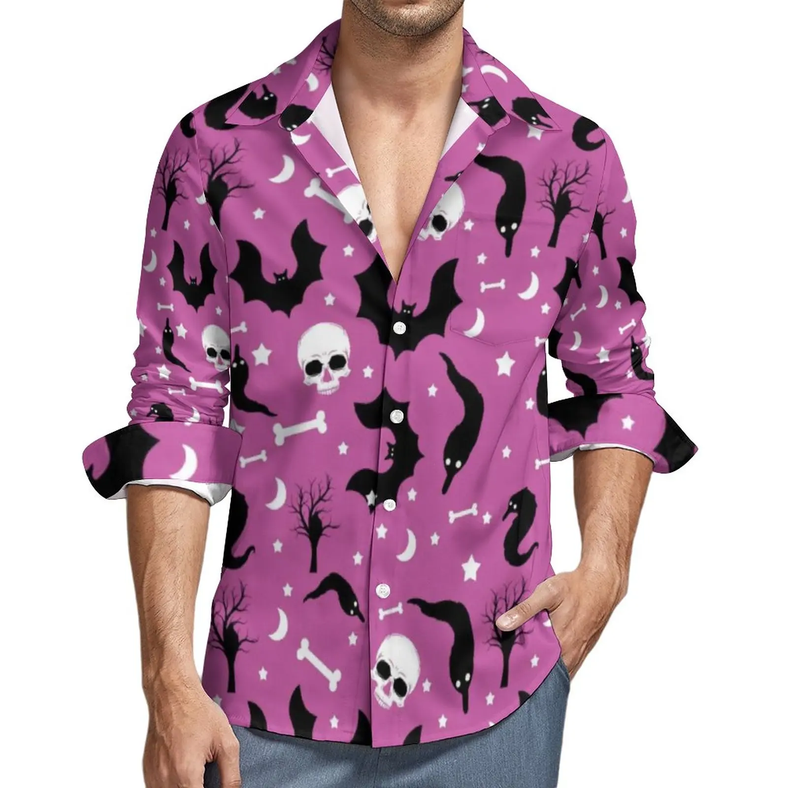 

Мужская Повседневная рубашка с принтом черепа и летучей мыши, червячная рубашка на Хэллоуин, вечерние, Весенняя новинка, блузки с длинным рукавом, Графический Топ оверсайз