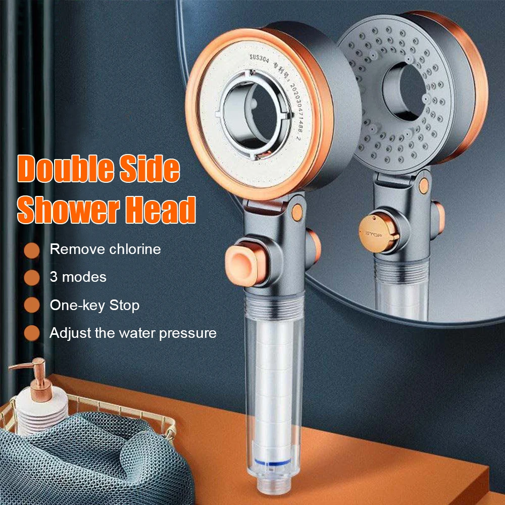 

Double-Sided Shower Head Hand Held High Pressure Spray Nozzle 3 Modes Adjustale Round Rainfall One-Button Stop Water Saving
