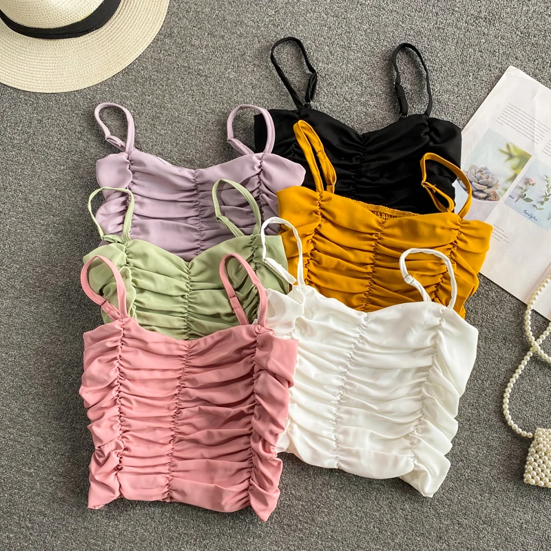 

Chic Sexy Pleated Tank Top Vintage Spaghetti Straps Crop Tops Basic Corset Bustier Backless Korean Camisole Summer Women Clothes