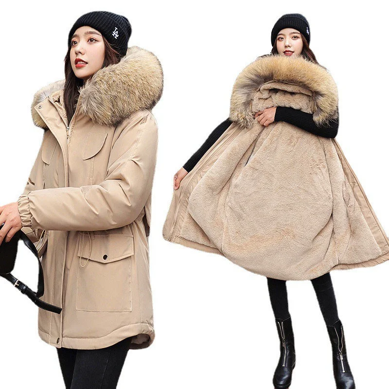 

Новинка 2021, женская зимняя куртка с меховой подкладкой, толстое теплое пальто с воротником и капюшоном, женские длинные парки, зимняя одежда...