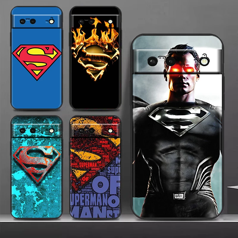 

DC Superhero Superman Logo Shockproof Case for Google Pixel 7 6 Pro 6a 5 5a 4 4a XL 5G Silicone Soft Black Phone Cover