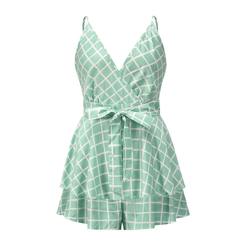 2023 Print Floral Folds Sashes Ruffles Sexy Jumpsuits Women Summer New Casual Plaid Dots Slim Sling Playsuits One Piece Outfit
