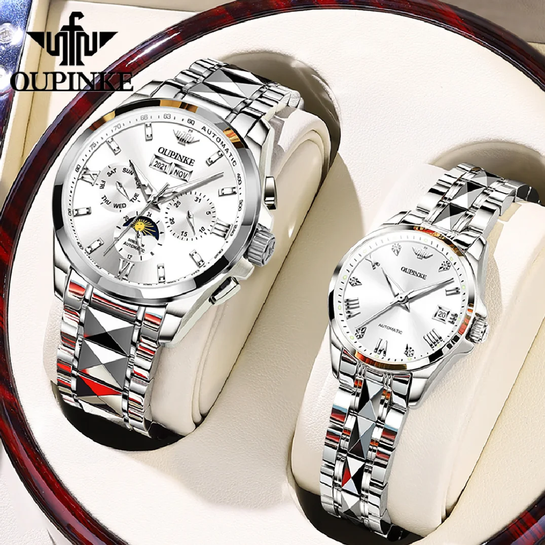 OUPINKE Automatic Couple Watches Pair Men and Women Mechanical Sapphire Luxury Brand Watch for Lovers 2pcs Waterproof Gift Set