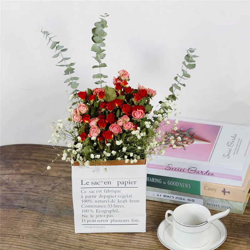 

Эвкалипт Gypsophila, роза, цветочный букет, украшение для офиса и дома, маленькая свежая бумажная сумка в скандинавском стиле